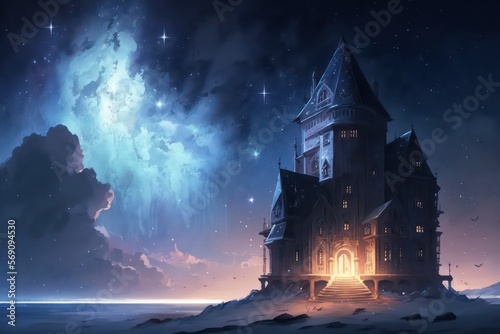 Anime wallpaper background. Beautiful castle in the night with stars on the sky. Anime wallpaper background. Beautiful starry night. Magic palace. Digital art style. Illustration painting. Generative