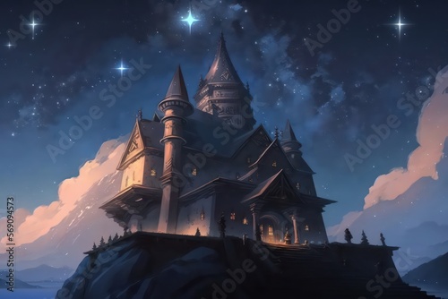  Anime wallpaper background. Beautiful castle in the night with stars on the sky. Anime wallpaper background. Beautiful starry night. Magic palace. Digital art style. Illustration painting. Generative © SaraY Studio 