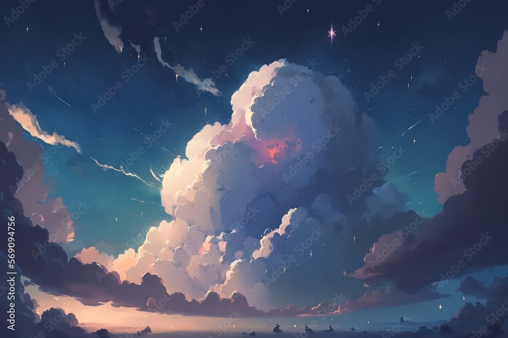 Anime sky painting wallpaper background. Fantasy sky. Skyland with