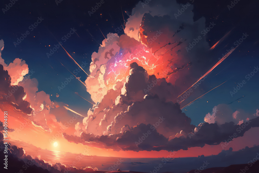 Anime sky painting wallpaper background. Fantasy sky. Skyland with beautiful flare. Anime art. Beautiful sunset. Beautiful star falls.Digital art style. Illustration painting. Generative AI.