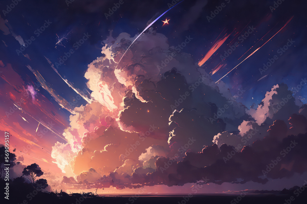 Fantasy sky. Skyland with beautiful flare. Anime sky painting wallpaper background. Beautiful sunset. Beautiful star falls.Digital art style. Illustration painting. Generative AI.