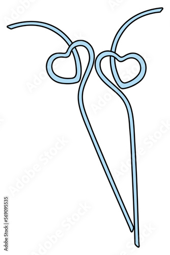 Two straws for drinking. Plastic straws for drinks are twisted in the shape of a heart. Color vector illustration. Device for a romantic couple. Cartoon style. Plastic straw for drinking 