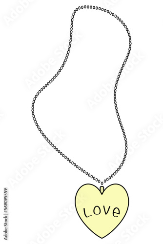 Chain with a pendant in the shape of a heart and the inscription love. Delicate golden decoration. Color vector illustration. Cartoon style. Hanging decoration. The symbol of love is hung on a chain. 