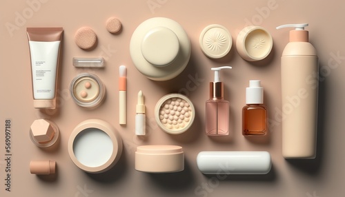  a variety of cosmetics and skin care products arranged on a beige background, top view, flat layed out on a surface, with a shadow. generative ai