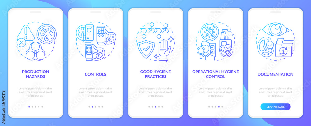 Planning approach to HACCP blue gradient onboarding mobile app screen. Safety walkthrough 5 steps graphic instructions with linear concepts. UI, UX, GUI template. Myriad Pro-Bold, Regular fonts used