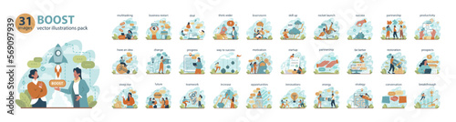 Boost big set. Business growth or improvement concepts collection.