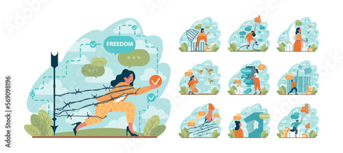 Freedom concept set. Person flying free out of cage, without chains