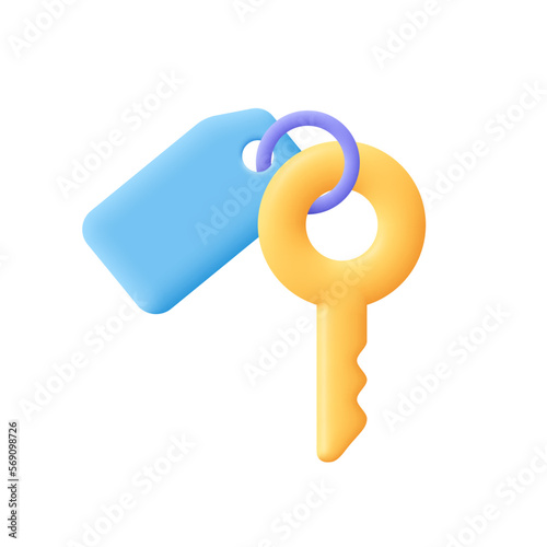 Key with keychain, pendant. Protection, security, home rental, real estate concept. 3d vector icon. Cartoon minimal style.