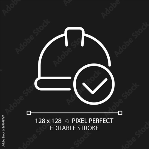Hard hat with check mark pixel perfect white linear icon for dark theme. Safety equipment for construction site. Thin line illustration. Isolated symbol for night mode. Editable stroke