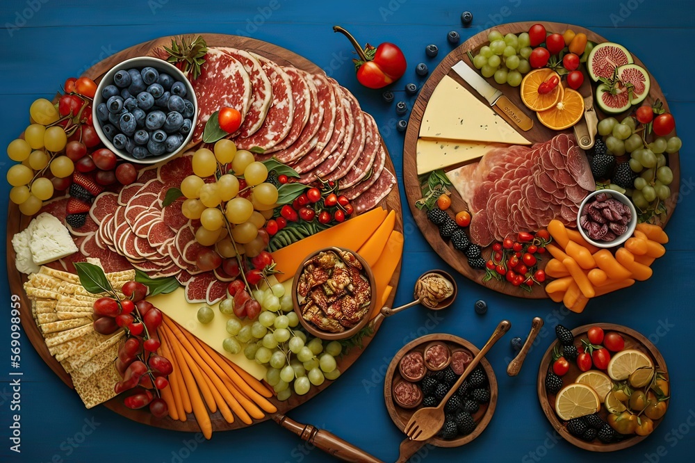 Charcuterie Board: Close-up of Ham, Salami, Grapes, Tomatoes, Cheese, & More. Generative AI