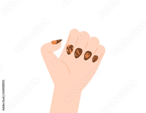illustration of hands and nails. decorating nails with nail polish. nail art. showing her beautiful nails. autumn and halloween graphic element