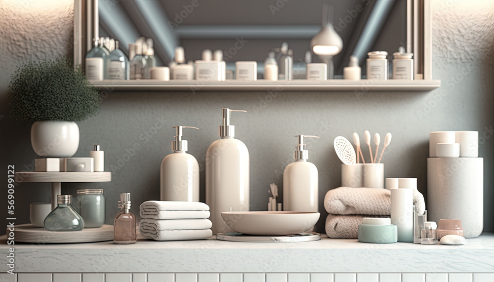 a bathroom counter with a lot of soaps, toothbrushes, soap dispensers, and other bathroom items on it. generative ai a bathroom counter with a lot of soaps, toothbrushes, soap dispensers, and other bathroom items on it. generative ai