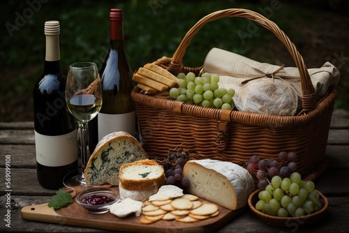  a wooden table topped with bottles of wine and a basket filled with cheese and crackers next to a bottle of wine and a glass of wine. generative ai
