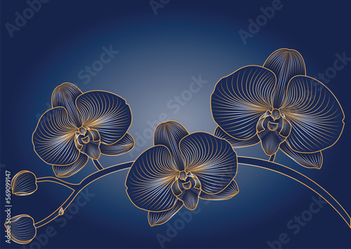 Luxury golden floral background. Golden gradient orchid drawn with lines. wallpaper design for prints, covers, wall art, greeting cards, wedding cards, invitations.