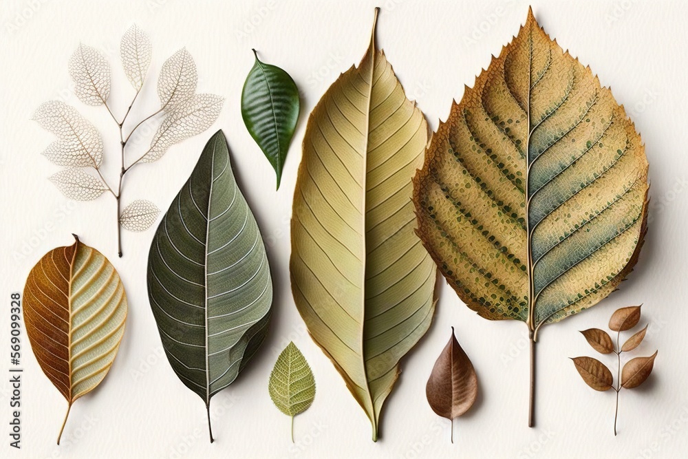four different types of leaves on a white background with a white ...