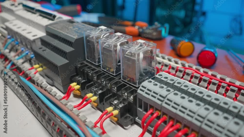 Electrical panel with many red and blue wires, electrical parts, automatic switches, breakers, residual current devices. Close up of a electrical switch, screwdriver and a yellow multimeter on a table Electrical panel with many red and blue wires, electrical parts, automatic switches, breakers, residual current devices. Close up of a electrical switch, screwdriver and a yellow multimeter on a table