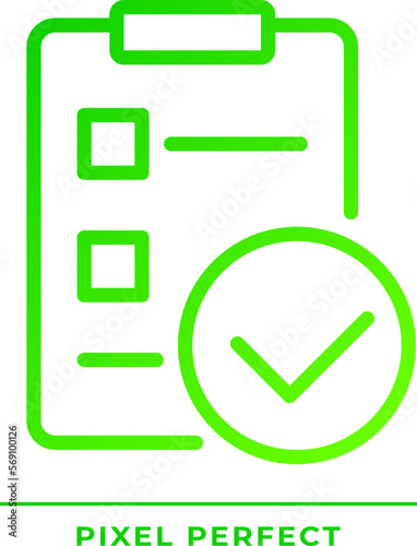 Checklist with checkmarks pixel perfect gradient linear vector icon. Marking task completion. Work controlling document. Thin line color symbol. Modern style pictogram. Vector isolated outline drawing