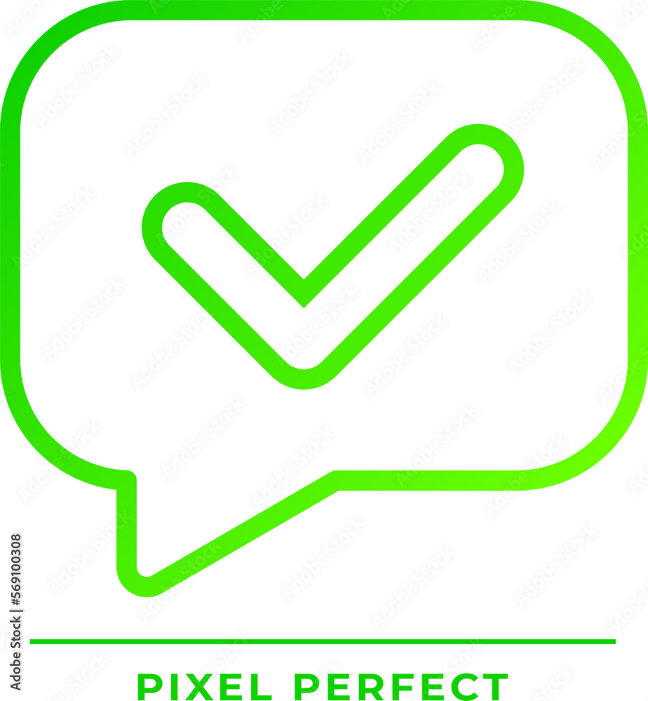 Speech bubble with tick pixel perfect gradient linear vector icon. Share validated information. Correct communication. Thin line color symbol. Modern style pictogram. Vector isolated outline drawing Speech bubble with tick pixel perfect gradient linear vector icon. Share validated information. Correct communication. Thin line color symbol. Modern style pictogram. Vector isolated outline drawing