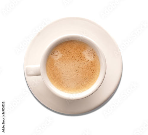 White espresso cup with a delicious smelling organic espresso, view from top