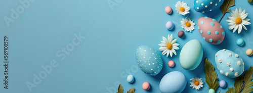 Easter background on blue with white copy space. Generative AI
