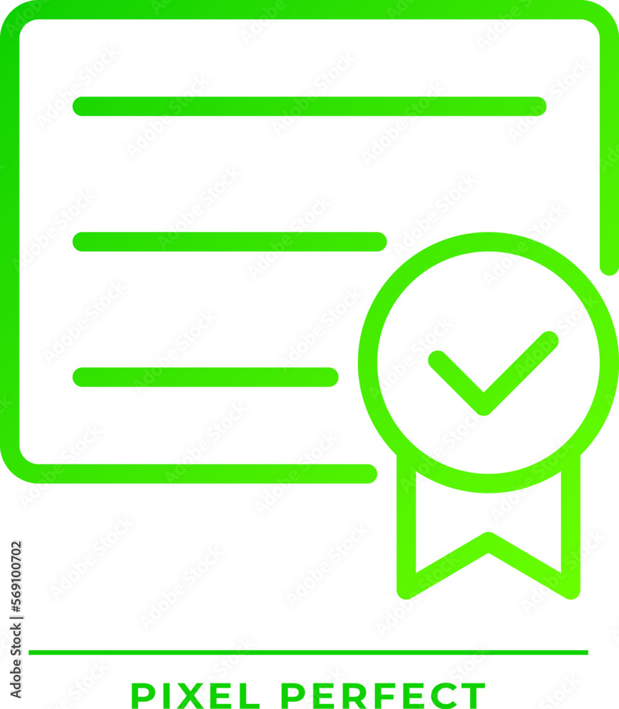 Diploma with check mark pixel perfect gradient linear vector icon. College graduation document. Course completion. Thin line color symbol. Modern style pictogram. Vector isolated outline drawing Diploma with check mark pixel perfect gradient linear vector icon. College graduation document. Course completion. Thin line color symbol. Modern style pictogram. Vector isolated outline drawing