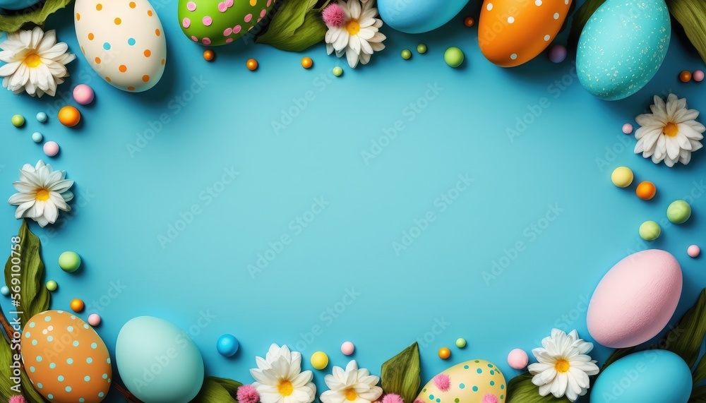 Easter background on blue with white copy space. Generative AI Easter background on blue with white copy space. Generative AI