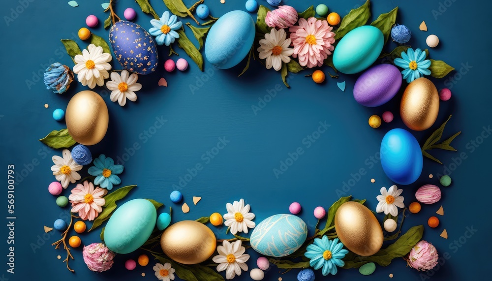 Easter background on blue with white copy space. Generative AI Easter background on blue with white copy space. Generative AI