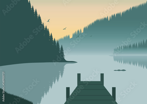 Landscape with lake and pier. Vector illustration in flat style.