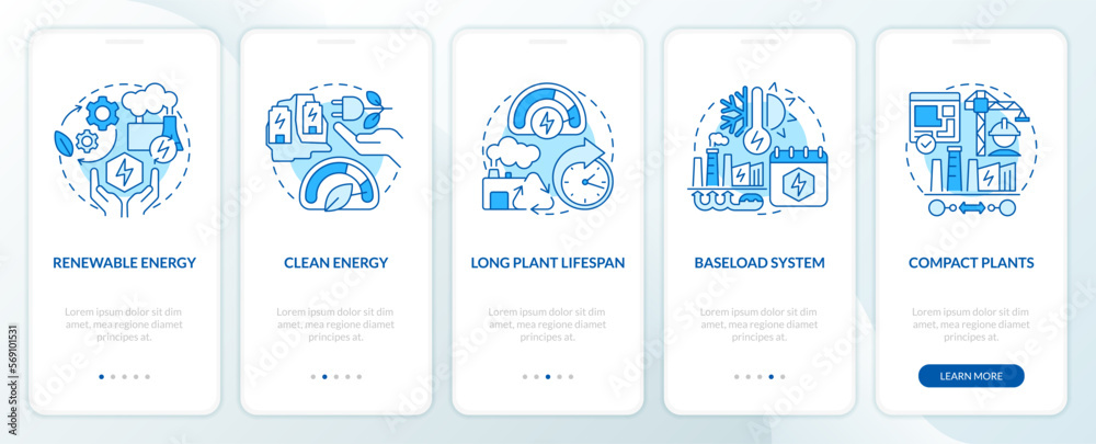 Using geothermal energy advantages blue onboarding mobile app screen. Walkthrough 5 steps editable graphic instructions with linear concepts. UI, UX, GUI template. Myriad Pro-Bold, Regular fonts used