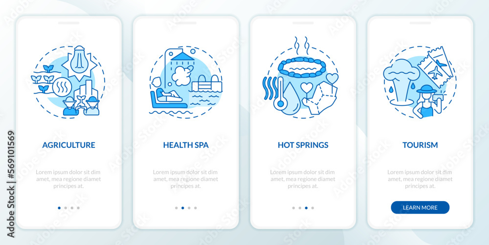 Usage of geothermal energy blue onboarding mobile app screen. Walkthrough 4 steps editable graphic instructions with linear concepts. UI, UX, GUI template. Myriad Pro-Bold, Regular fonts used Usage of geothermal energy blue onboarding mobile app screen. Walkthrough 4 steps editable graphic instructions with linear concepts. UI, UX, GUI template. Myriad Pro-Bold, Regular fonts used