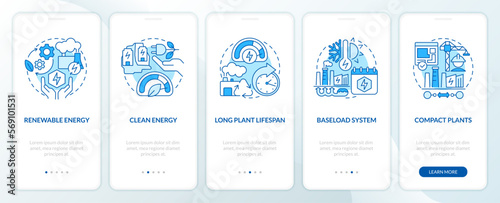 Using geothermal energy advantages blue onboarding mobile app screen. Walkthrough 5 steps editable graphic instructions with linear concepts. UI, UX, GUI template. Myriad Pro-Bold, Regular fonts used