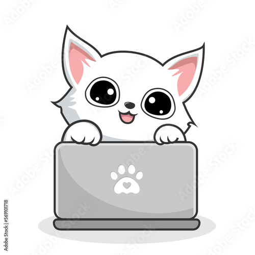 White Cat Playing Laptop Notebook - Cute White Pussy Cat Kawaii