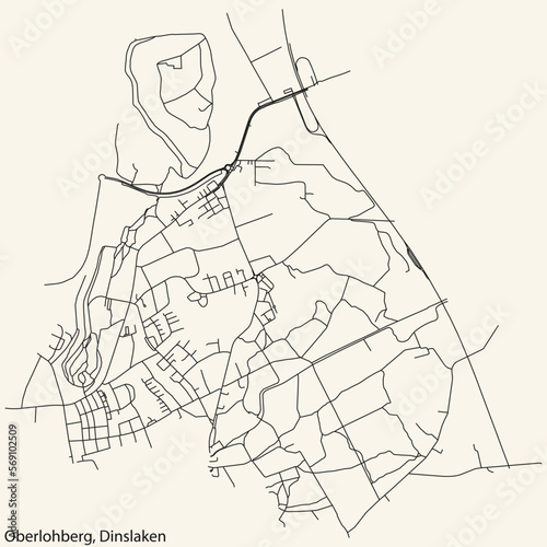 Detailed navigation black lines urban street roads map of the OBERLOHBERG BOROUGH of the German town of DINSLAKEN  Germany on vintage beige background