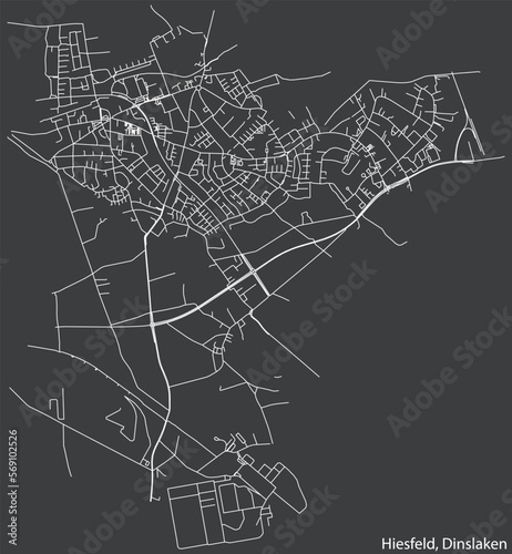 Detailed negative navigation white lines urban street roads map of the HIESFELD BOROUGH of the German town of DINSLAKEN, Germany on dark gray background