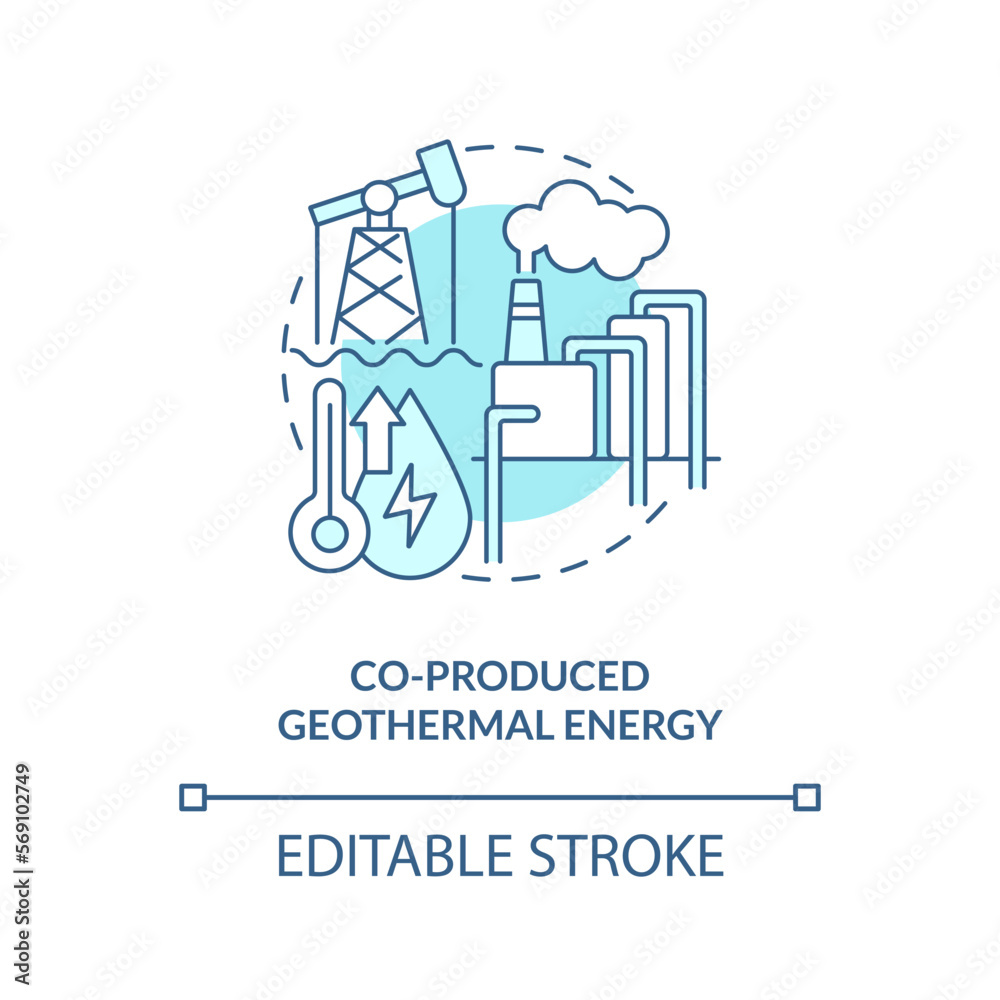 Co-produced geothermal energy blue concept icon. Petroleum extraction byproduct abstract idea thin line illustration. Isolated outline drawing. Editable stroke. Arial, Myriad Pro-Bold fonts used