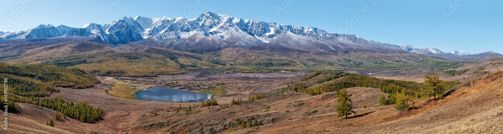 Panorama of Altai lake Dzhangyskol on mountain plateau Eshtykel. Altai, Siberia, Russia