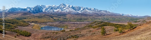 Panorama of Altai lake Dzhangyskol on mountain plateau Eshtykel. Altai, Siberia, Russia