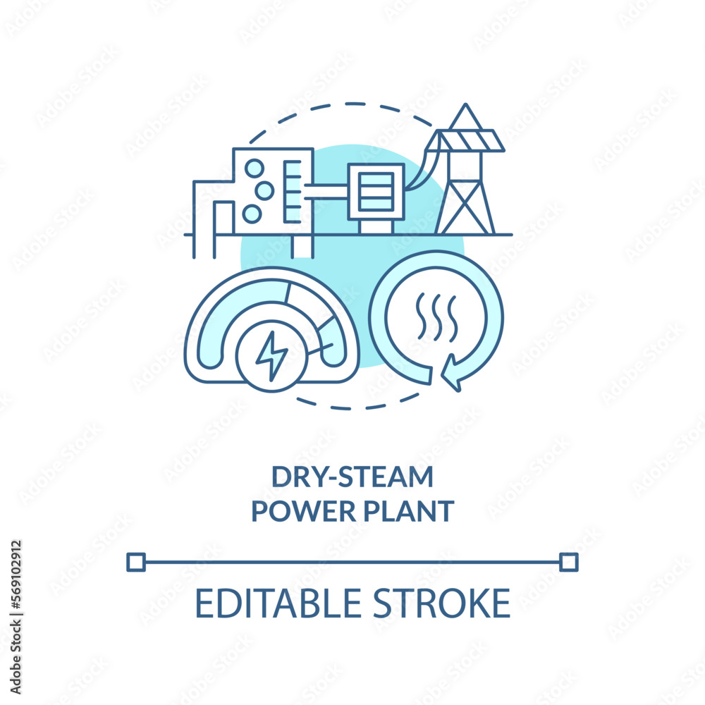 Dry-steam power plant blue concept icon. Turbine and generator. Geothermal station abstract idea thin line illustration. Isolated outline drawing. Editable stroke. Arial, Myriad Pro-Bold fonts used