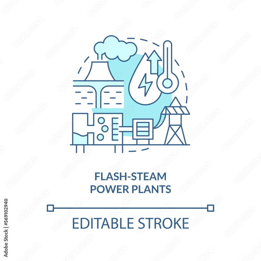 Flash-steam power plant blue concept icon. High pressured steam. Geothermal station abstract idea thin line illustration. Isolated outline drawing. Editable stroke. Arial, Myriad Pro-Bold fonts used