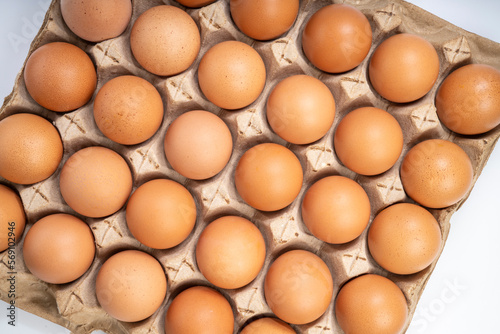 Dozen chicken  eggs in carton box on white background, Eggs in cardboard box on White background.