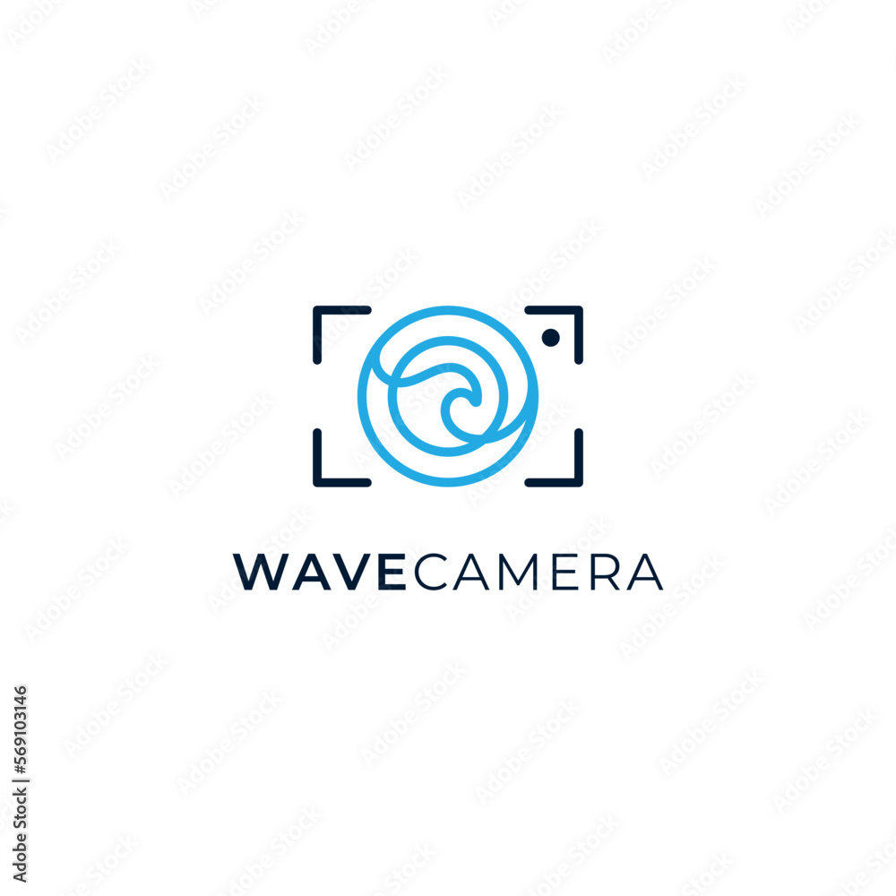 camera and wave with lineart style for photography logo design
