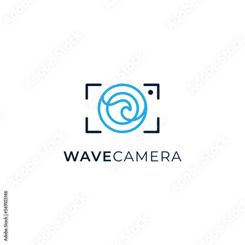 camera and wave with lineart style for photography logo design