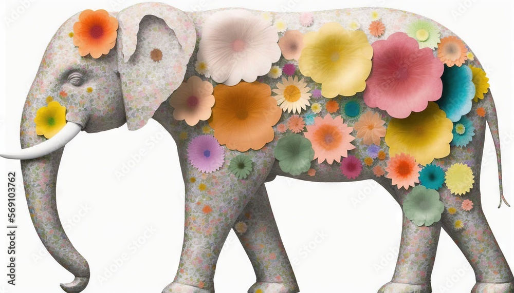 an elephant with flowers all over it's body and tusks on it's back ...