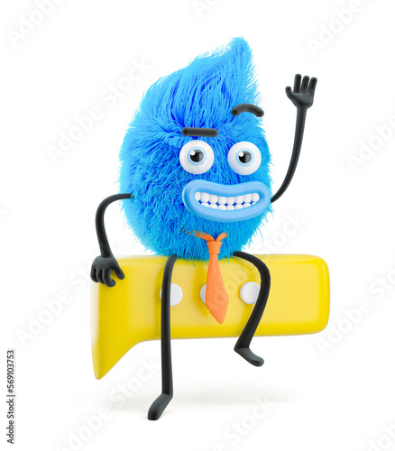 Fluffy businessman sitting on message icon. 3d illustration. Cartoon character. Social media concept.
