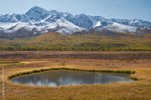 View on Altai lake Dzhangyskol and mountain plateau Eshtykel. North Chui ridge. Russia.