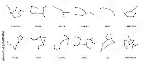 Set of 12 zodiac signs isolated on white background. Constellation of Aries, Taurus, Leo, Gemini, Virgo, Scorpio, Libra, Aquarius, Sagittarius, Pisces, Capricorn, Cancer.