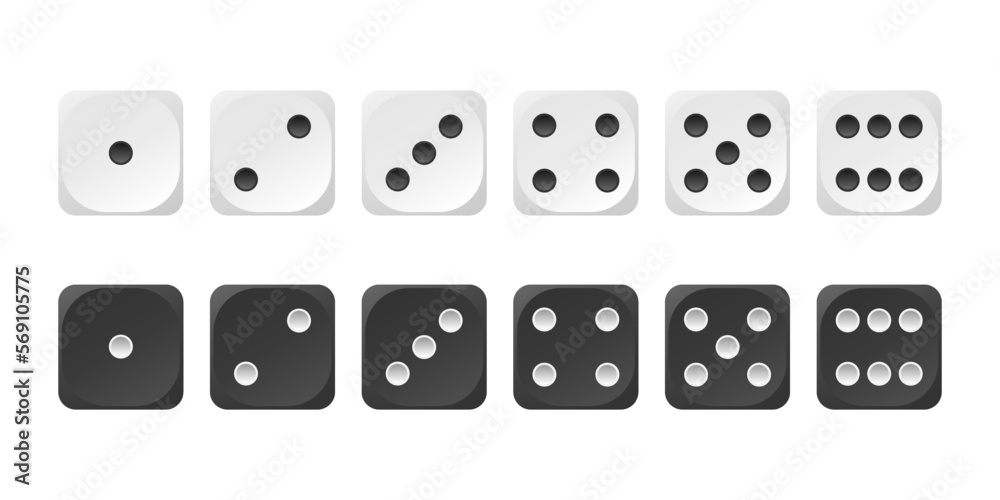 Dice realistic vector mockup. Black and white set of casino dice on a white background - obrazy, fototapety, plakaty 