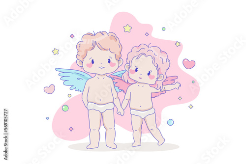 Couple of cupid babies. Funny chibi children with wings  hearts and stars. Angel kids vector illustration with white isolated background. Valentine s day or Wedding  birthday celebration concept.
