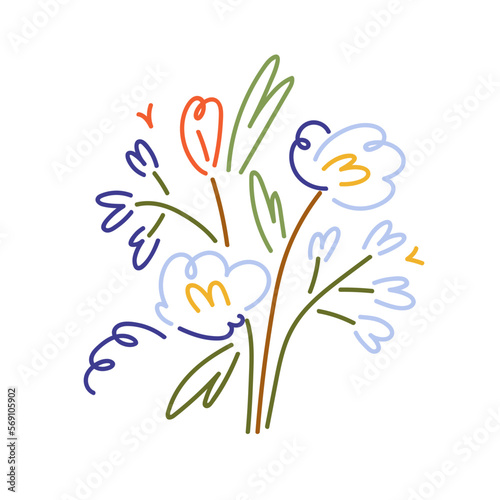 Spring bouquet, gift in modern lineart style. Blooming field flower, floral bunch. Abstract summer beautiful blossomed wildflower. Colored flat graphic vector illustration isolated on white background