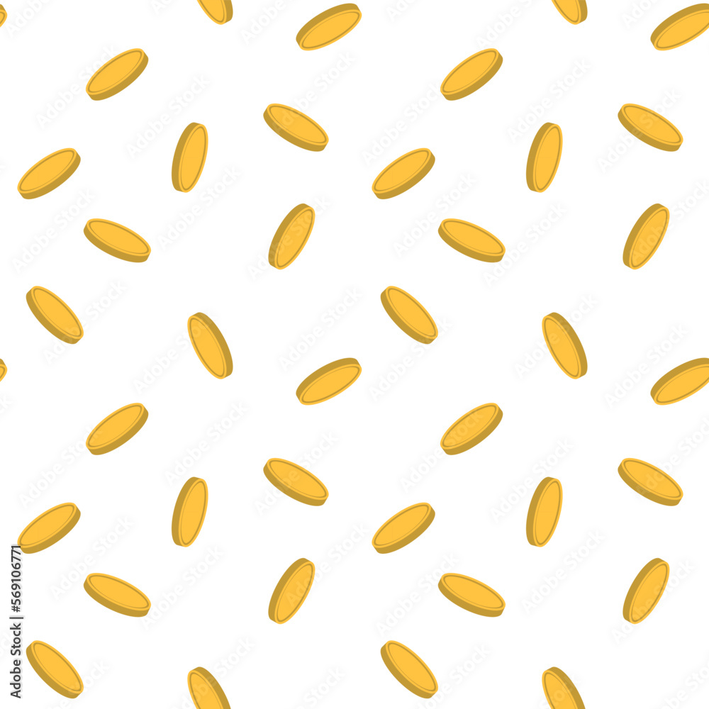 Falling golden abstract coins seamless pattern. Isolated on white background. Vector illustration